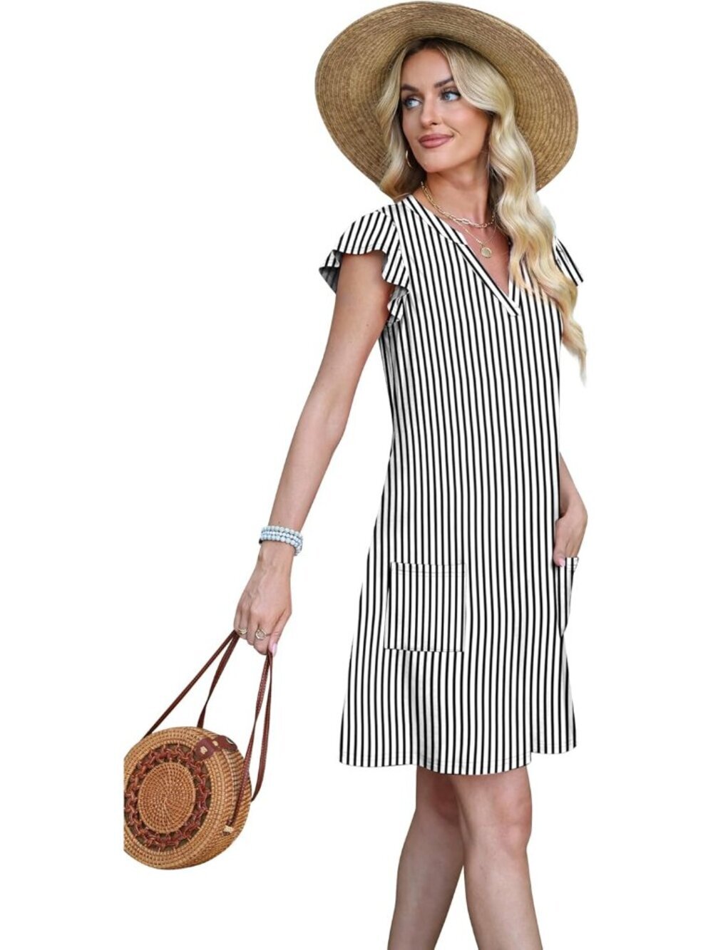 Spring Summer Dresses for Women 2026 Casual Ruffle Sleeve V Neck Loose Swing Sun - Picture 4 of 5